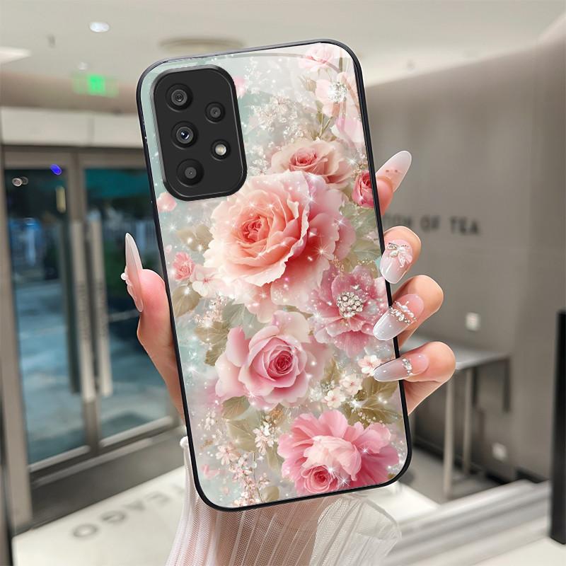 Süße Cartoon-Katzen Blumen Hülle Für Samsung Galaxy A52 A52S A72 4G 5G Gehärtetes Glas Handyhülle Schutzhülle Rückseite Hartschale