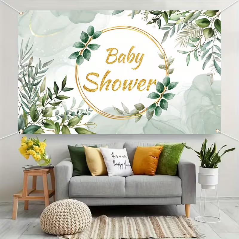 2D Greenery Gold Baby Shower Backdrop Photography Background Banner
