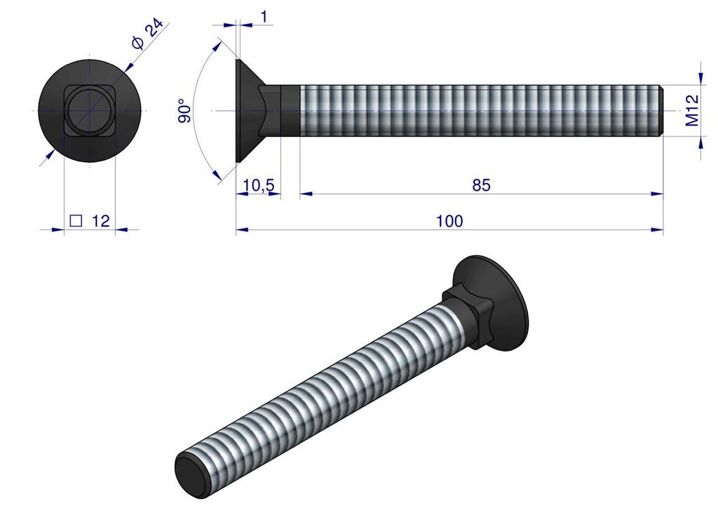 Śruba Kpl. Płużna Podsadzana D 608 M12X100 Mm Kl.10.9 Waryński ( Sprzedawane Po 10 )