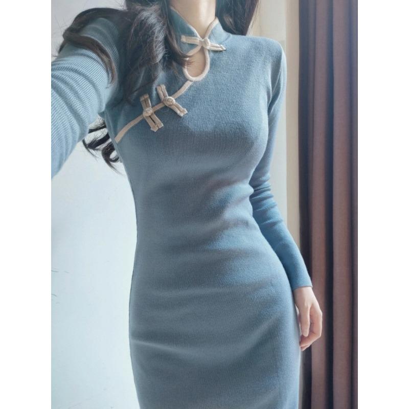 Improved Cheongsam New Rich Daughter Gentle Base with Knitted Dress Women's Autumn and Winter