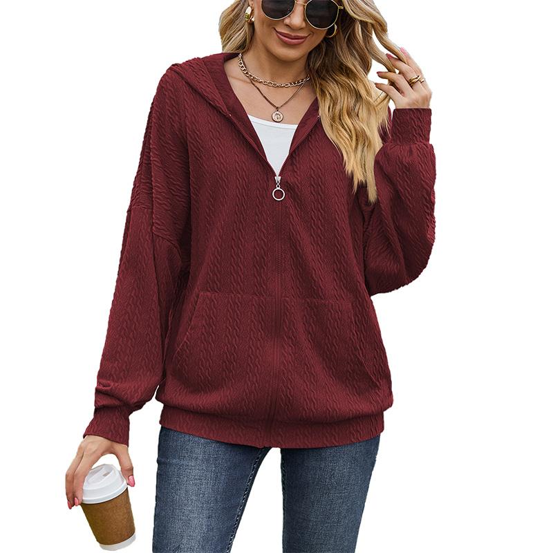 Women's Oversized V-neck Zipper Pure Color Long Loose Hooded Outwear