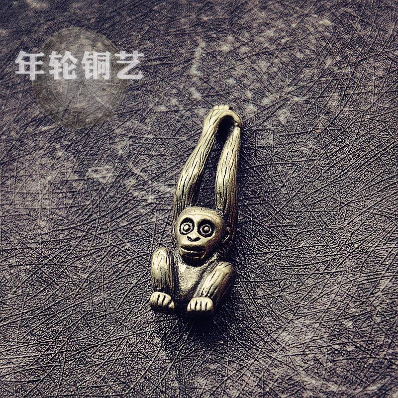 Handcrafted Antique Brass Gibbon Monkey Keychain Pendant Small Copper Ornament Ethnic Style