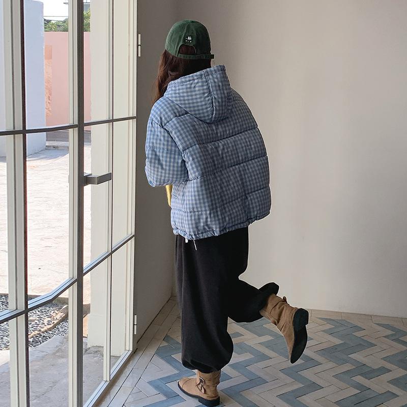 Women's Short Down Jacket with Hat, Blue Plaid, Winter