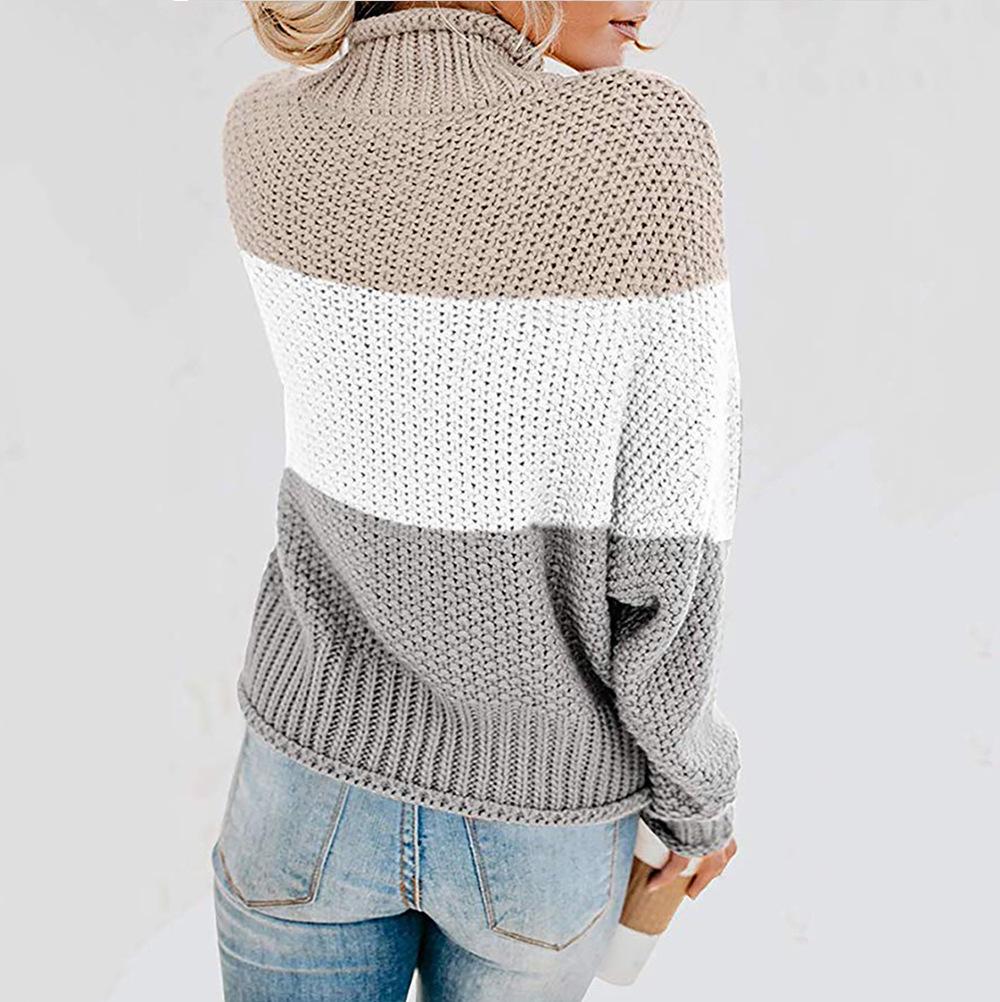 2025 Cross-border Women's Thick Knit Color Block High Neck Sweater Pullover