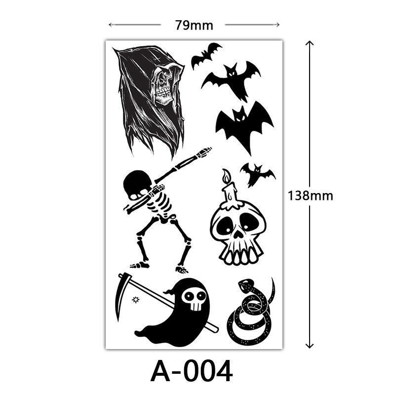 Halloween Tattoo Sticker, Skull Reaper Sickle, Black Bat Tombstone Pumpkin Tattoo