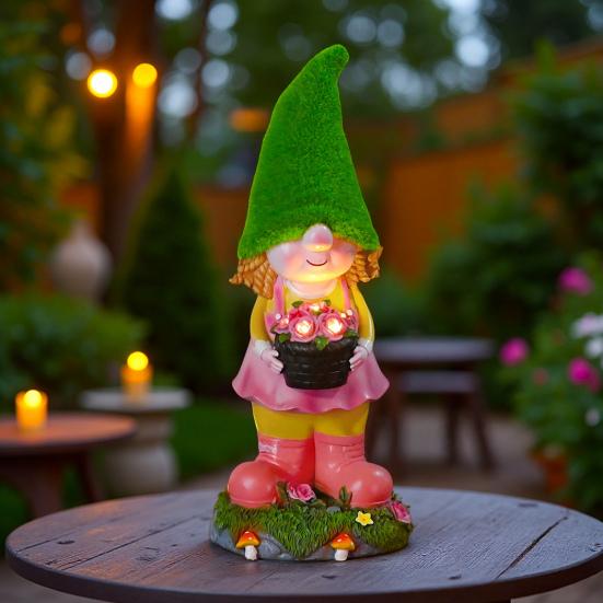 Solar Garden Gnome Statue with LED Light Holding Flower Basket Flocking Hat Dwarf Girl Figurine Sculpture Outdoor Decoration Ornament