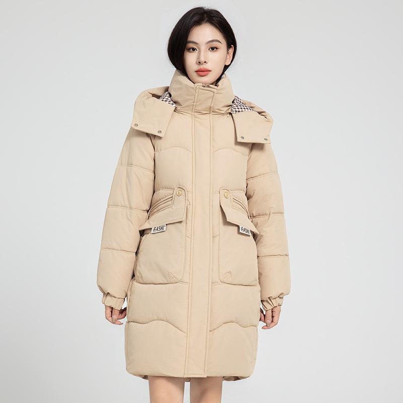 Damen Herbst- und Wintermantel Kontrastfarbe Locker Kapuze Mittellang Verdickt Winddicht Damenjacke 5 Farben