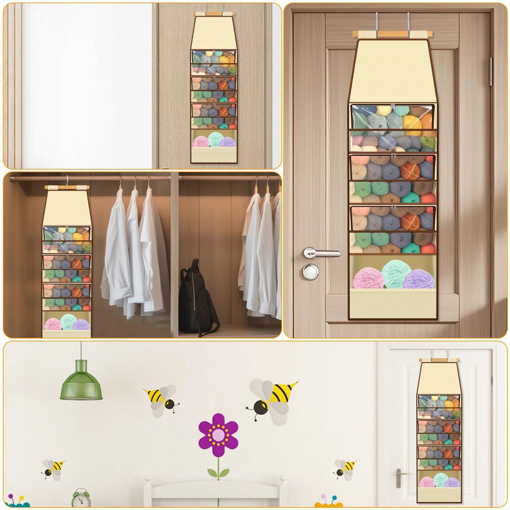 Over Door Yarn Storage Organizer Multi-layer Storage Hanging Bag with 4 Clear Zipper Compartment & 3 Side Knitting Needle Pocket