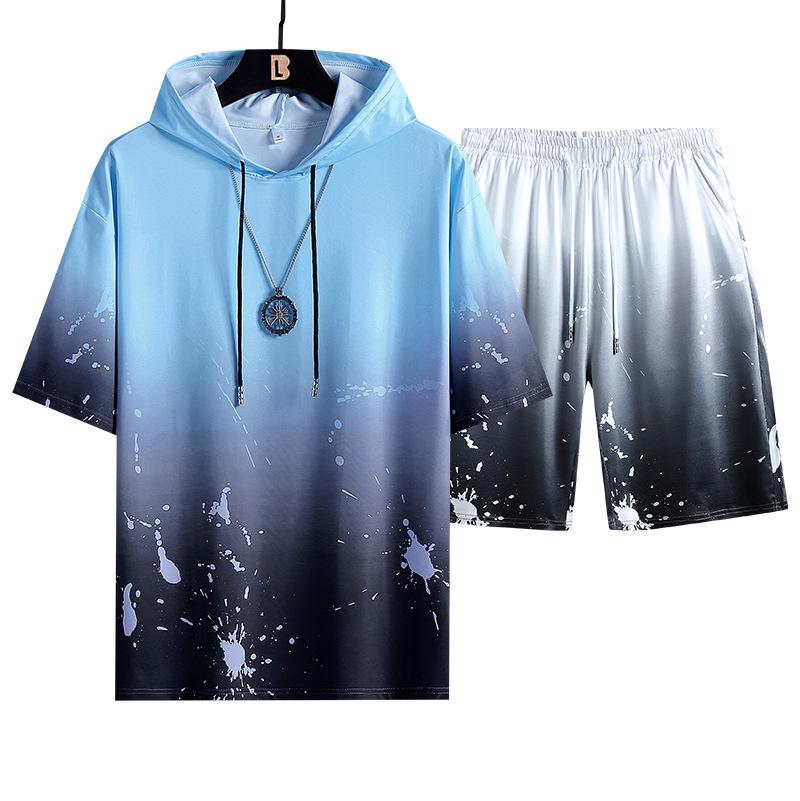 2021 Summer Men's Loose Fit Hooded Short Sleeve Sport Set