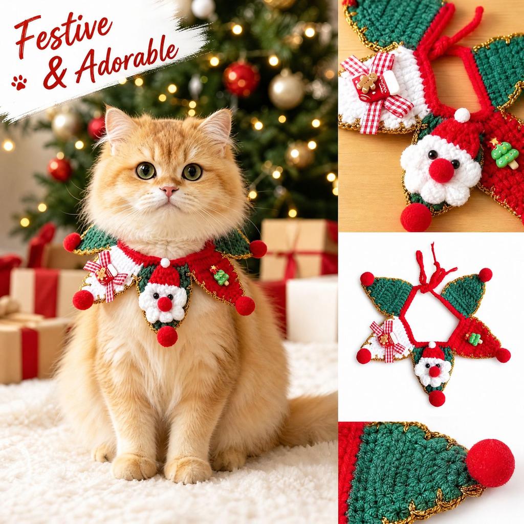 Pet Christmas Scarf and Neck Warmer, Santa Collar for Cats and Small to Medium Dogs, Cute Holiday Costume Decoration