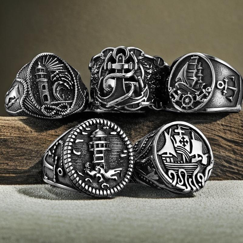 Vintage Anchor Lighthouse Ocean Sailor Ship Viking Rings Men Women Stainless Steel Ring Punk Rock Fashion Jewelry Dropshipping