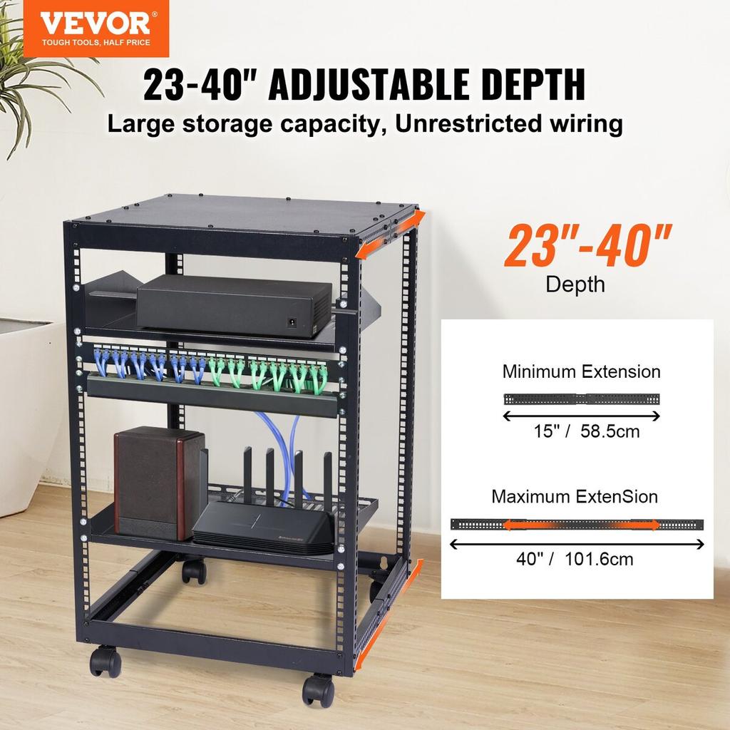 15U Open-Frame Server-Rack, 15''-40'' Verstellbare Tiefe, Freistehendes oder Wandmontage-Netzwerk-Server-Rack, 4-Pfosten AV-Rack mit Rollen, Bietet Platz für Ihr gesamtes