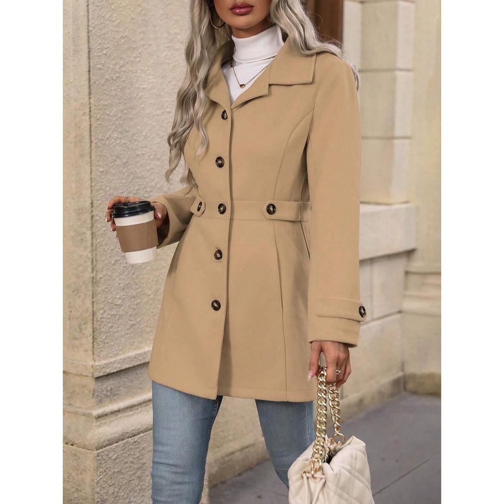 Women's Notched Lapel Wool Blend Coat, Slim Fit Belted Waist Trench with Thermal Lining, Elegant Office Chic Overcoat for Commute With Pockets