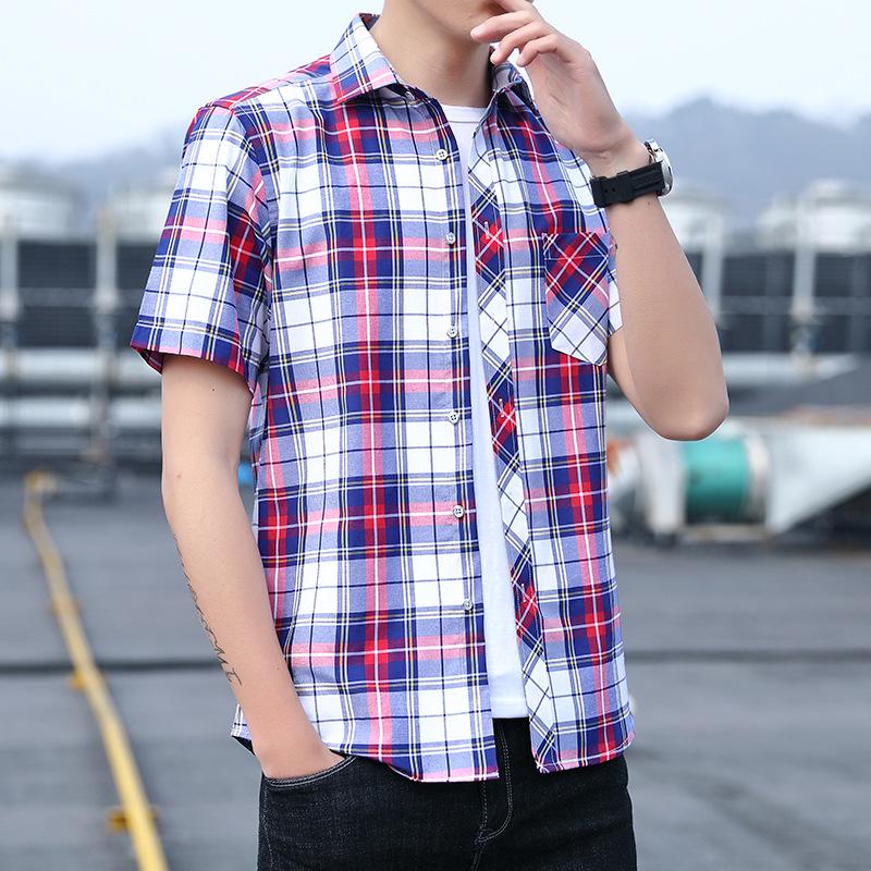 Men's Casual Plaid Japanese Turn-Down Collar Short Sleeve Youth Shirt