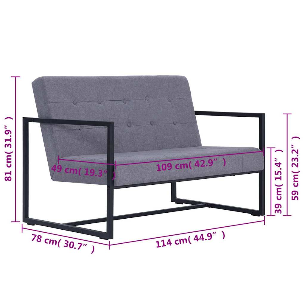 2 Seater Sofa with Armrests Light Grey Steel Frame and Fabric Upholstery