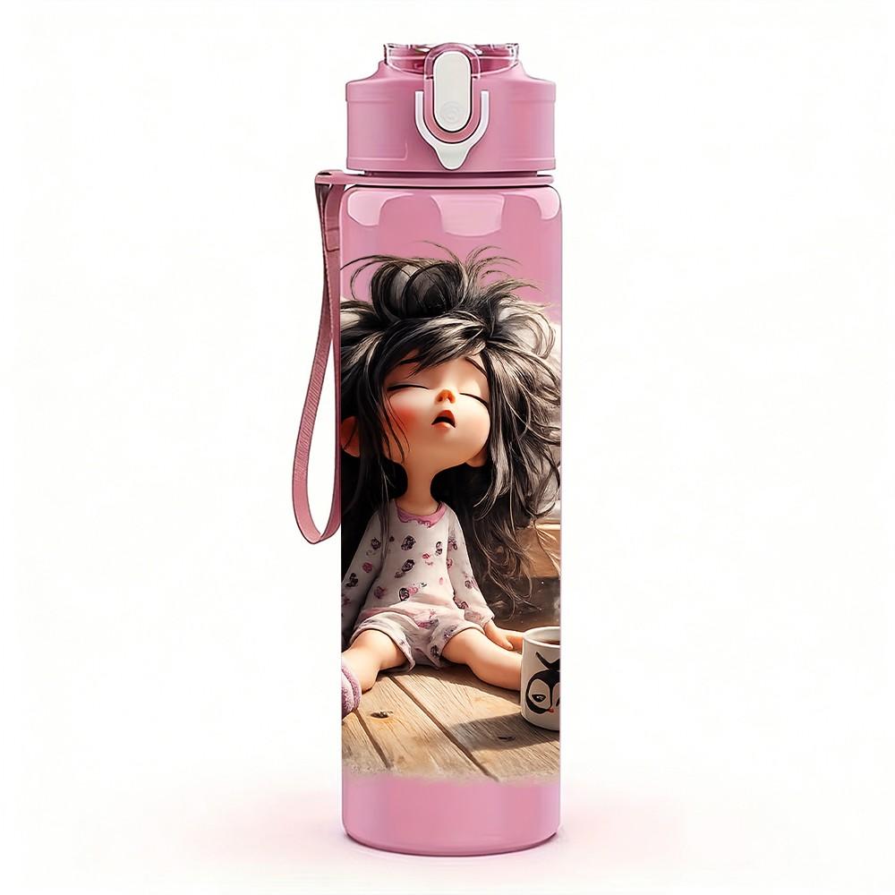 1PC Doll Toy Girl Soft Cartoon Print 750ml Color Plastic Sports Water Bottle Leakproof Flip Straw Lid Suitable for Sports Office Home Use