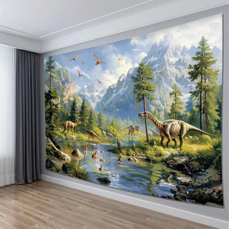2D Dinosaur Park Wall Hanging Tapestry, Ancient Wildlife Nature Landscape for Home Decor