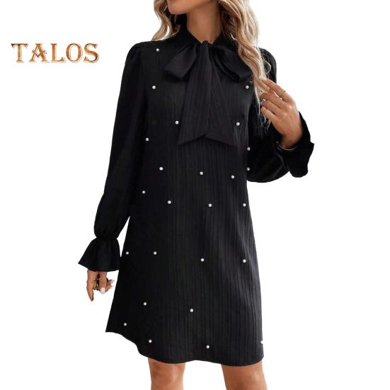 Women Dress Lace-up Bow Faux Pearl A-line Puff Sleeves Pure Color Above Knee Length Mini Dress Prom Party Dating Short Dress