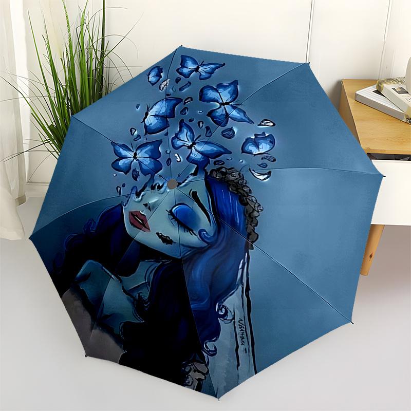 Corpse Bride Blue Butterfly Rain Umbrella: Automatic Opening & Closing, Foldable Design, Outdoor Use, Suitable for Fans and Travelers0140b