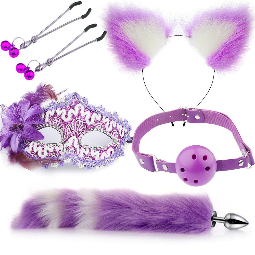 Niedlicher Fuchsschwanz Anal Plug Maske Katzenohren Stirnbänder Set Erotikspiele Nippelclip Halsband Erotik Cosplay Sexspielzeug für