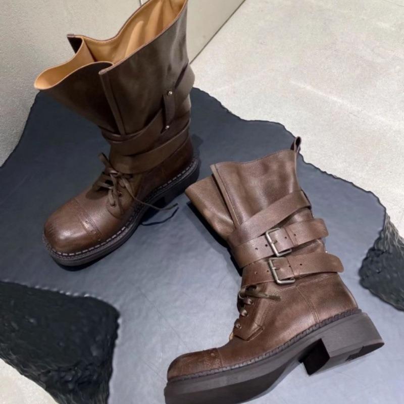 Cowhide Martin Boots Women's Spring and Summer New Thick Heel Belt Buckle Short Boots Locomotive Boots Versatile Single Boots Tide