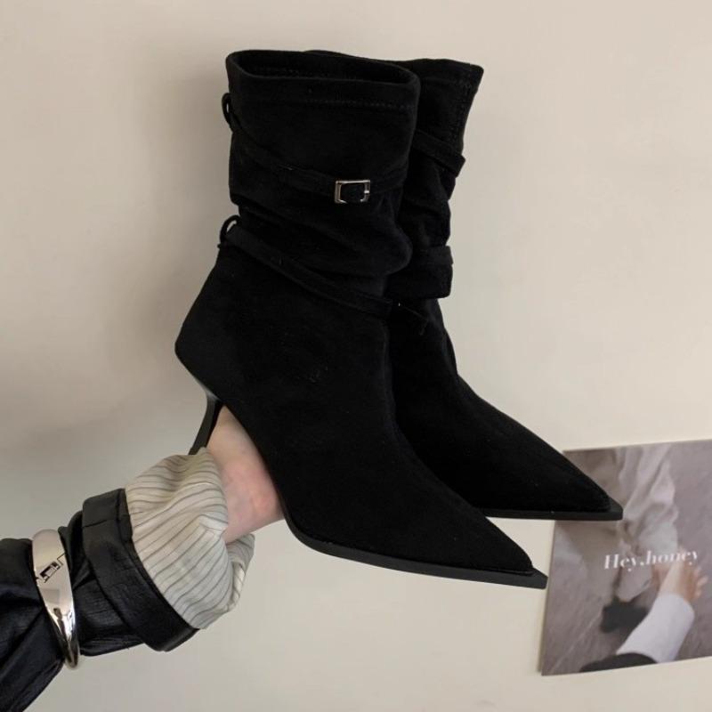 Autumn and winter new retro pointed thin heel short boots women's suede pleated piled boots high heel western boots