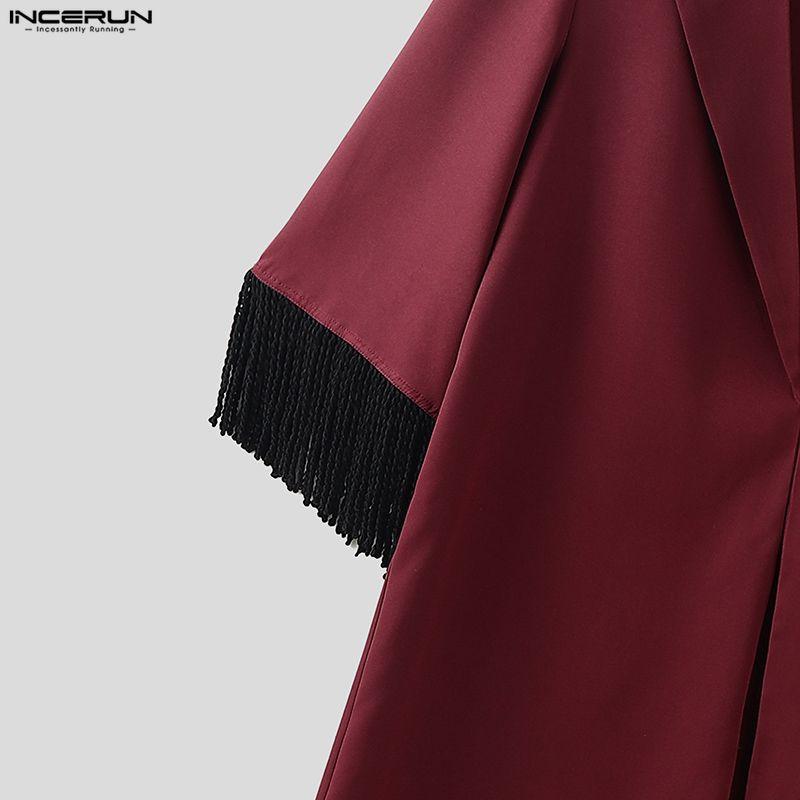 INCERUN Men Lapel Neck Long Sleeve Open Front Tassel Long Blazer Coats