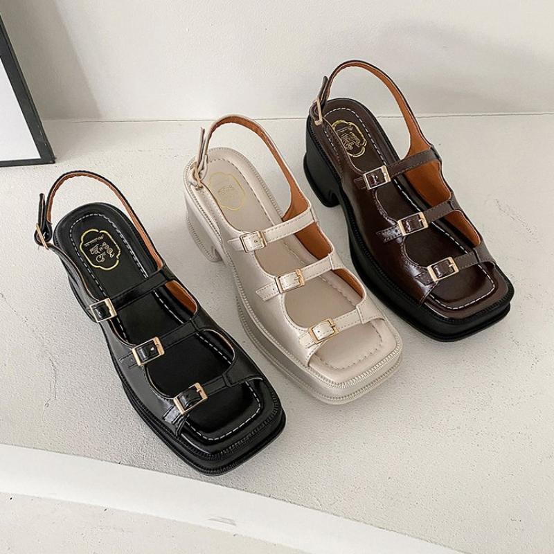 2024 Spring New Thick Sole Thick Heel Open Toe Roman Casual Sandals with Buckle Square Head Fashion Comfortable Women's Shoes