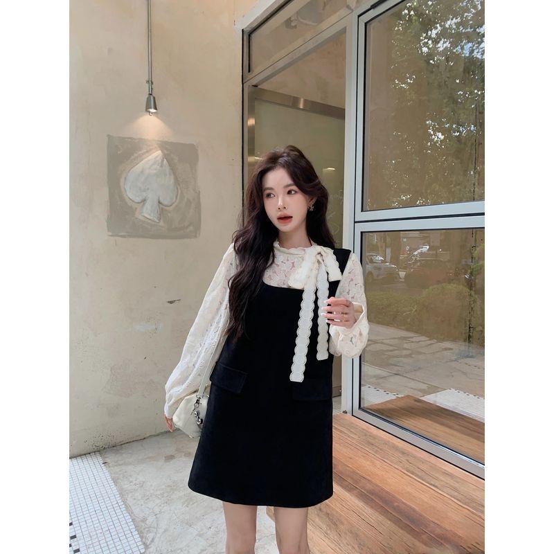 Kumikumi Graceful Flower Lace Tie Shirts Women Autumn Stacked Black Vest Dress