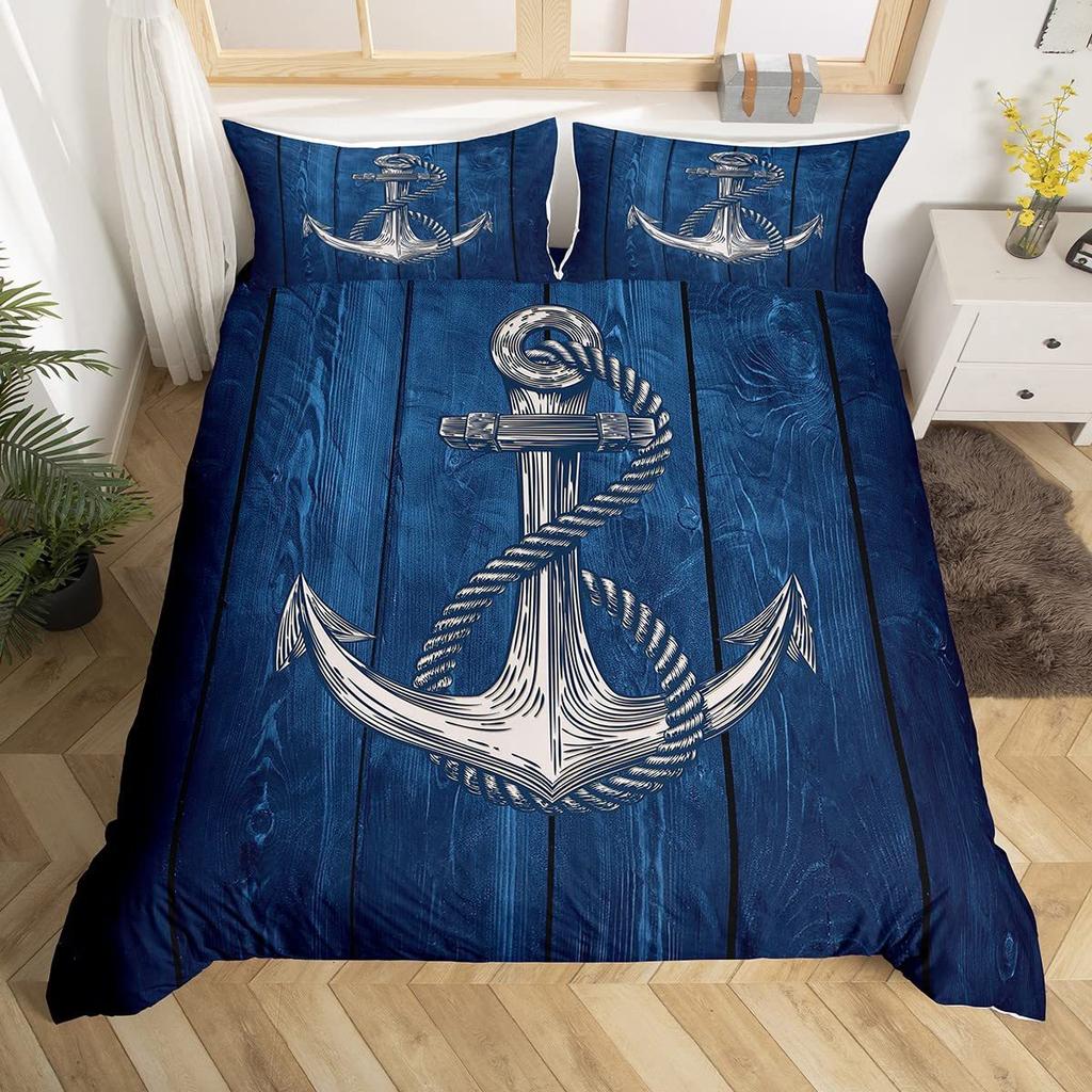 Nautical Anchor Striped Pattern Bedding Cover With Pillowcase Quilt Cover Three-Piece Duvet Cover Set