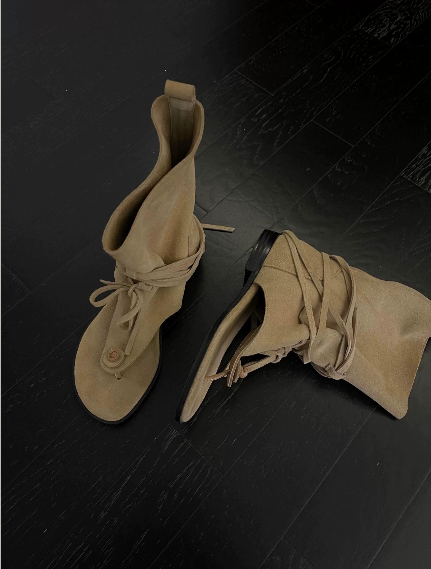 

Sheepskin version~ niche pinch foot herringbone cool boots women s 2025 summer open toe low heel strap western cowboy boots sandals 35