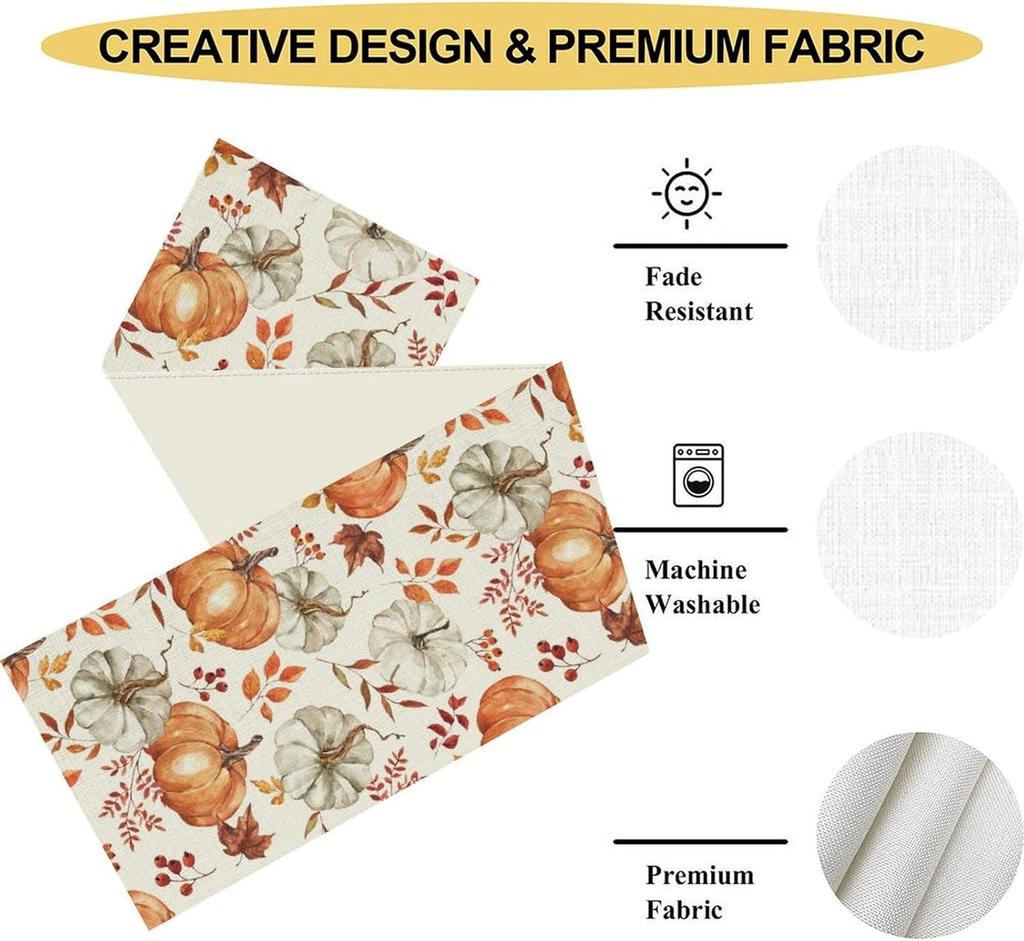 Fall Pumpkin Maple Leaves Linen Table Runner Holiday Party Decor Washable Kitchen Dining Table Runner Autumn Decorations