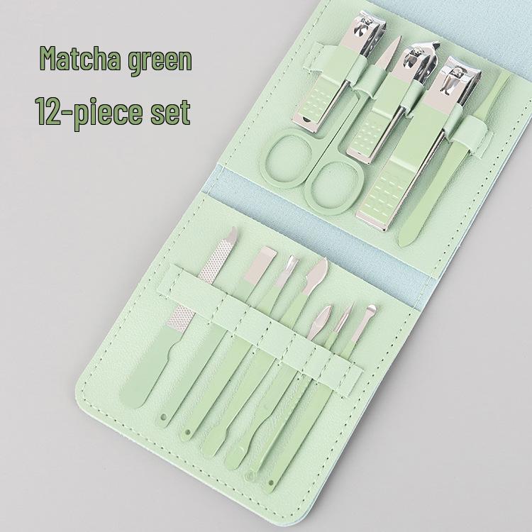 16-Piece Matcha Green Manicure Set: Nail Clippers, Scissors & Tools In Folding Bag