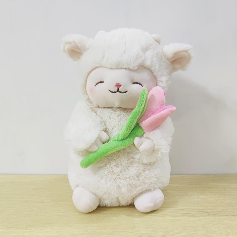 Kawaii Süßes Weißes Schaf Lamm Hält Tulpenblume Plüschpuppe Weiches Stofftier Lamm Mit Tulpe Plüschtier Niedliches Geschenk Für Kindergeburtstag