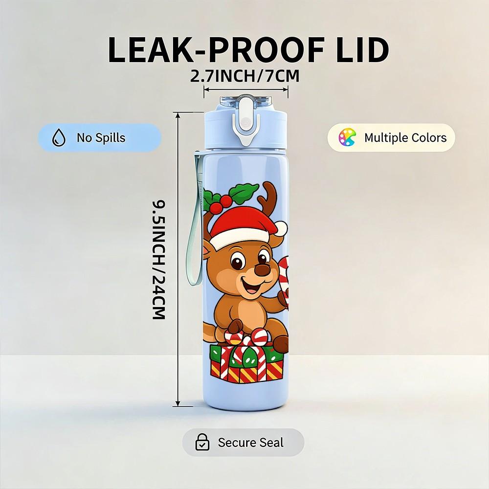 1PC Reindeer Santa Hat Christmas Pattern 750ml Color Plastic Sports Water Bottle Leakproof Flip Straw Lid Suitable for Sports Office Home Use
