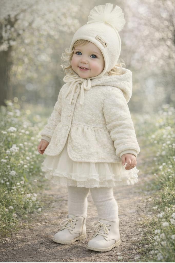 Baby Hat 36-38 Tied 2 Layers Pompom Spring Autumn Cream