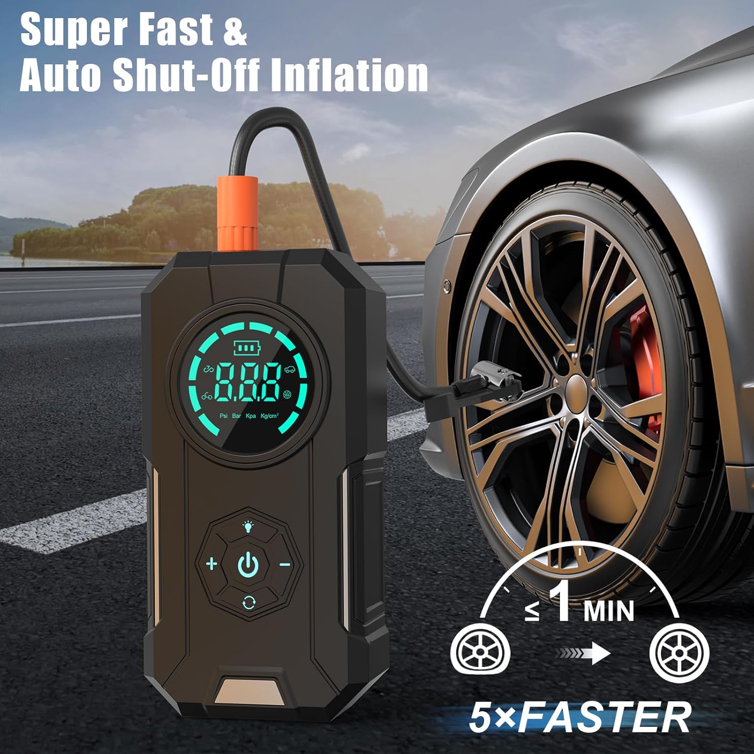 

Portable Tire Inflator 5X Faster, 25000mAh Battery Air Compressor, 150PSI Cordless Pump for Car, Bike, Motorcycle, Sports Balls United States