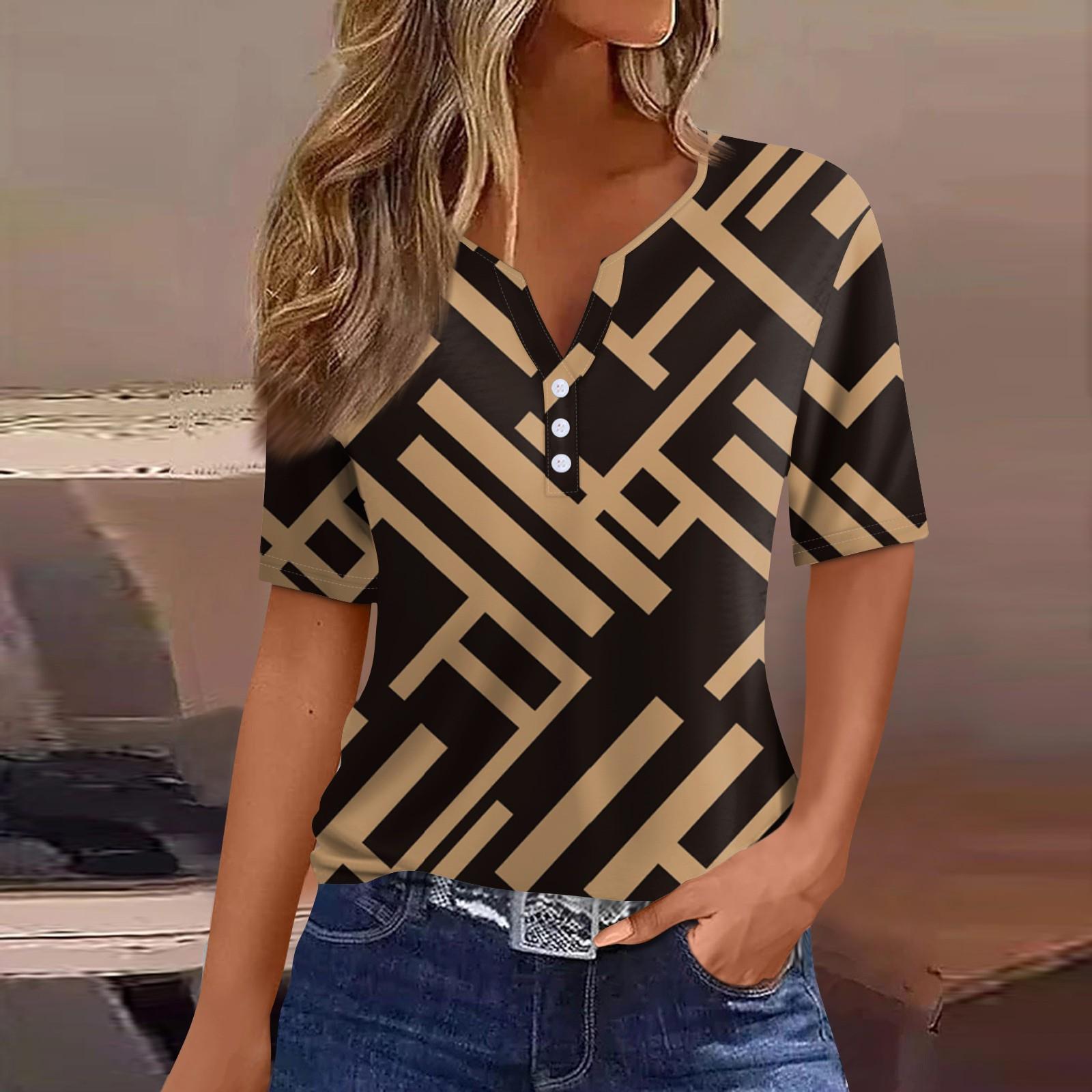 

Жен. Футболка Футболка С принтом Пуговицы С короткими рукавами Повседневные Выходные Мода Классический V-образный вырез Обычный Верх XL