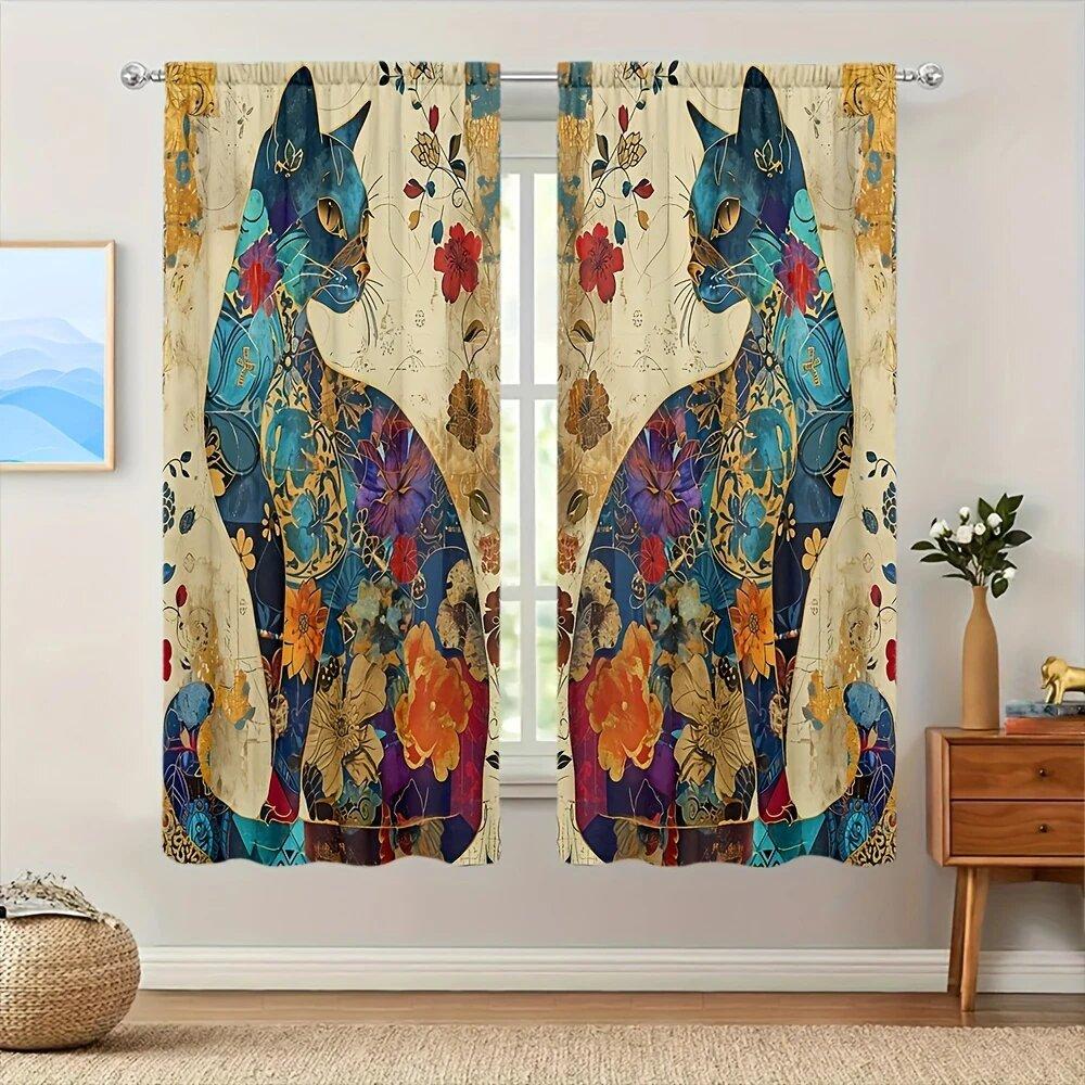 

2Pcs- Bohemian Cat Print Curtains, Pole Bag Curtains 42*84, Bedroom And Living Room, Home Decoration, Room Decoration 14Wx39L(35x100CM)x2&Rod Pocket