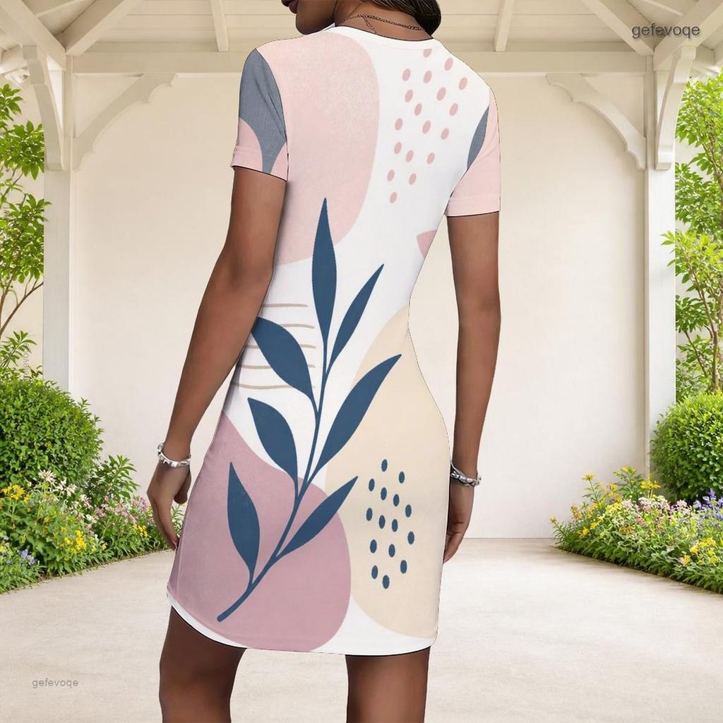 Women Plus Size Round Neck Short Sleeve Abstract Printed Fitted Mini Dress