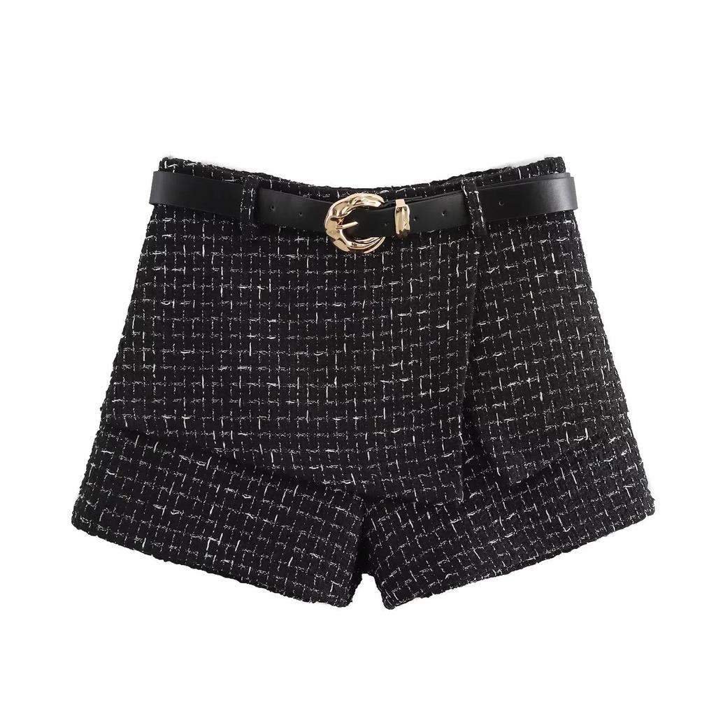 Chic Tweed Set: Vest & Belted High-Waist Shorts