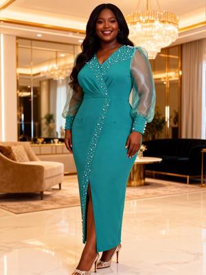 Vestido Elegante Talla Grande Verde Lago con Escote en V, Mangas Transparentes, Cintura Ceñida y Abertura
