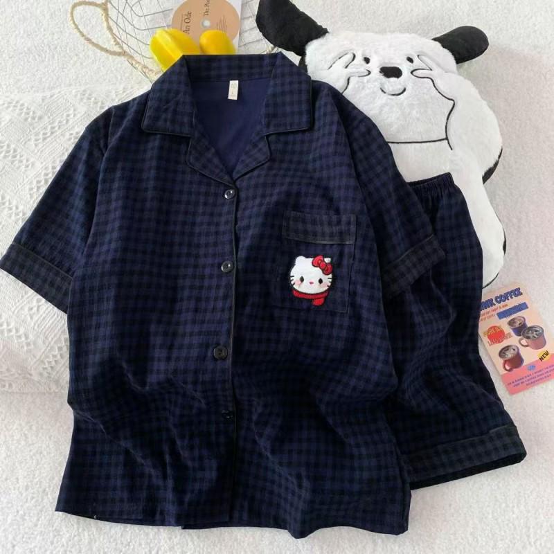 Women's Summer Cloud Cotton Pajama Set: Sweet Cute Cardigan with Short-Sleeved Top and Shorts.