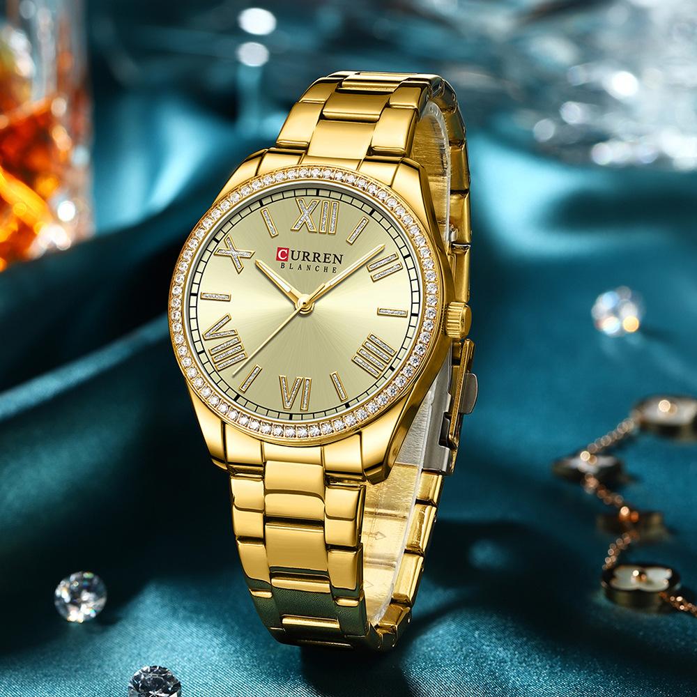 CURREN NEW Luxury Stainless Steel Wristwatches for Ladies Romantic Rose Pink with Rhinestones Roman Numeral Dial