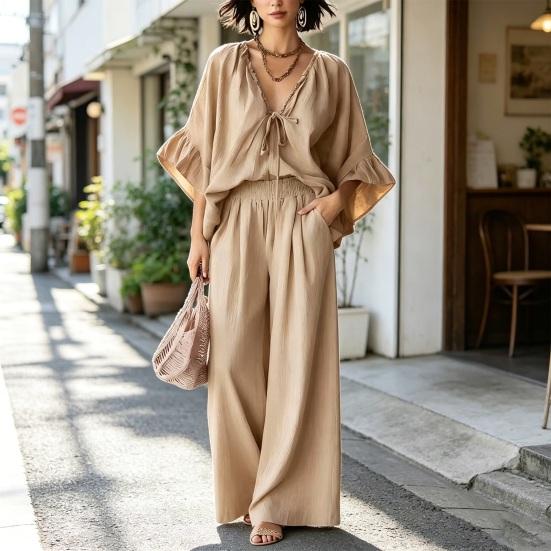 Conjuntos de Verano de 2 Piezas para Mujer, Top con Volantes de Media Manga y Cuello en V a Juego con Pantalones de Pierna Ancha, Conjuntos de Salón para Vacaciones con Bolsillos