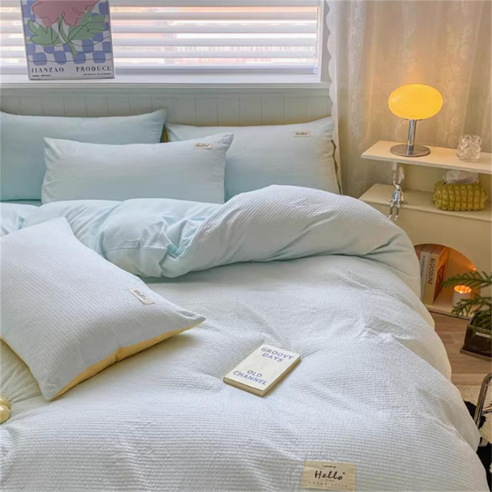 Waffle Washed Cotton Four Piece Set, Non All Cotton Bedding, Pure Cotton Bedding, Student Dormitory Bed Sheets Duvet Cover Set