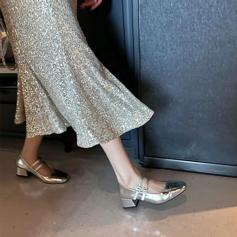 Sheepskin Version~ Square Head Light Mouth One-word Buckle Thick Heel Mary Jane Shoes Retro Silver Single Shoes Women's High Heels