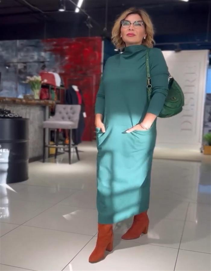 2024 Neues lässiges einfarbiges Langarmkleid mit hohem Kragen und Taschen für Herbst und Winter