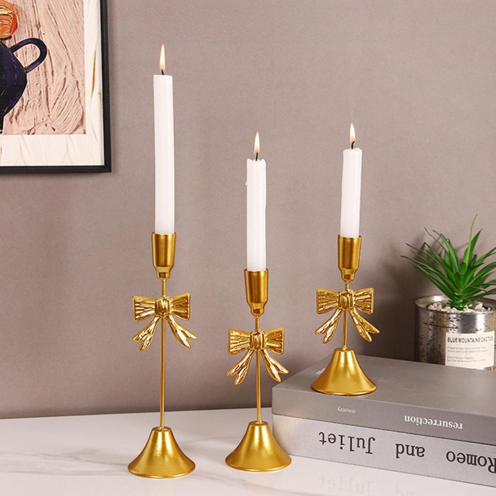 3pcs Vintage Golden Bow Candle Holder Intricate Metal Taper Candlelight for Romantic Home Table Wedding Festival Party Decor