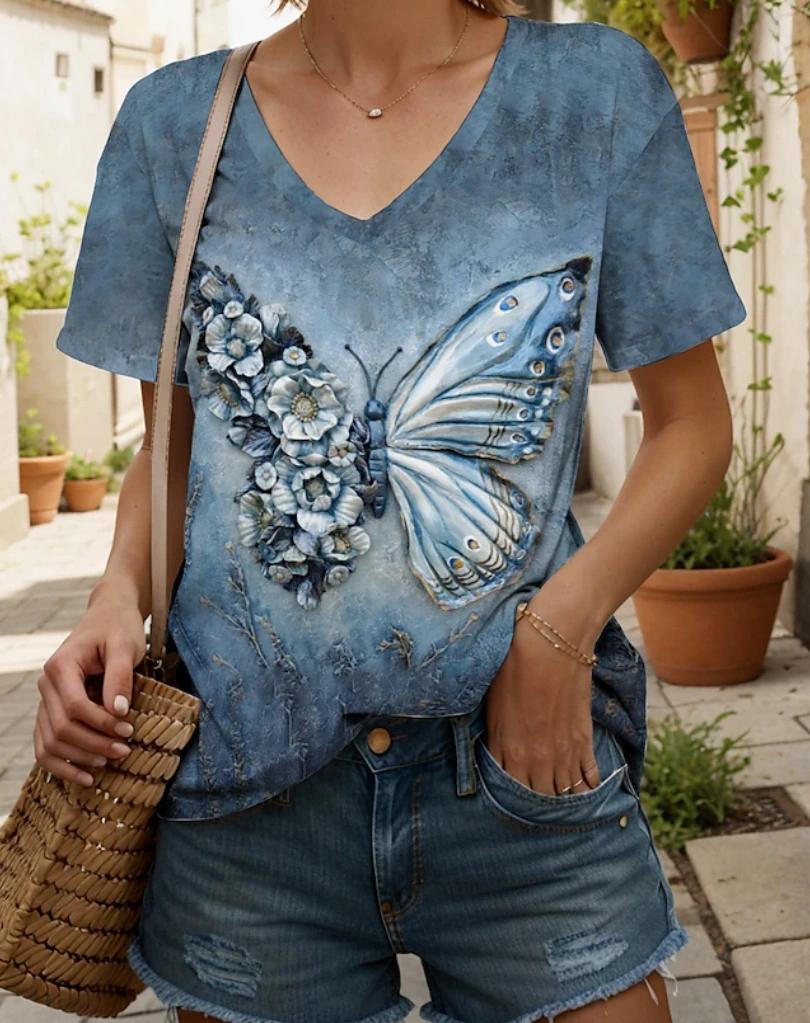 Summer Butterfly 3D Print T-shirt Women Streetwear Casual T Shirts Y2k Tops Woman Harajuku V-Neck Tees Oversized Clothing